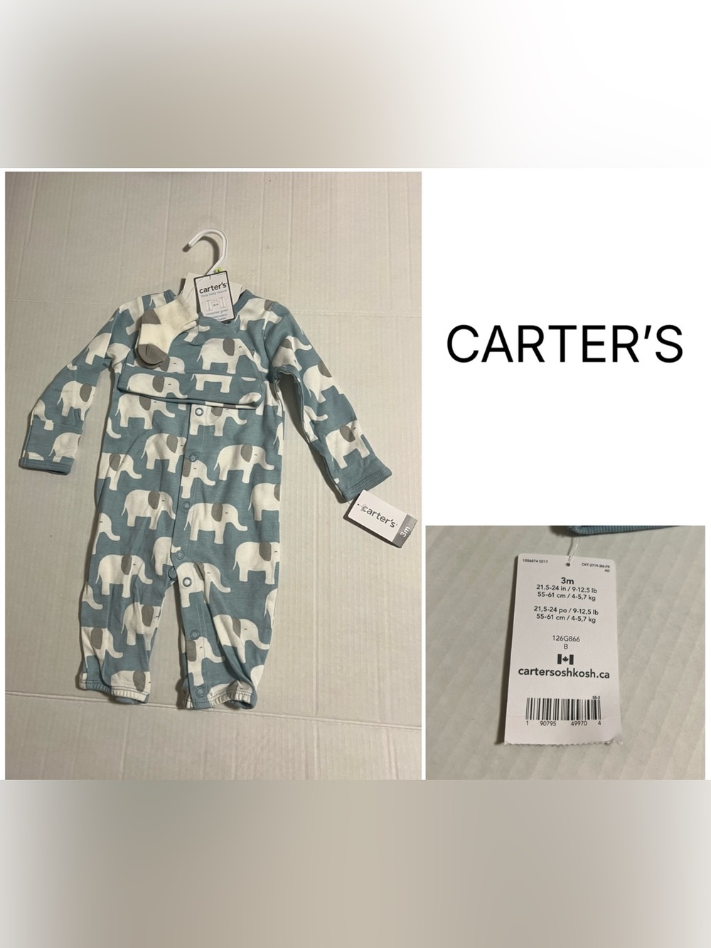 CARTER’S - 3M - NWT - INFANT BOYS 3PC BLUE ELEPHANT SET